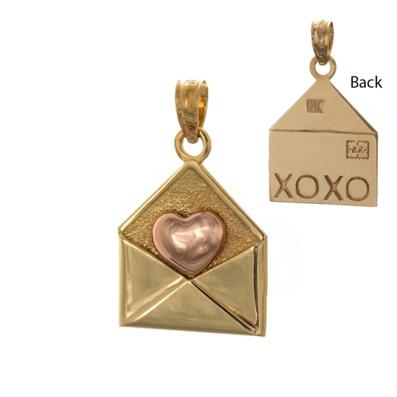 14k Yellow Gold Envelope Charm with Rose Gold Heart and XOXO engraved on back